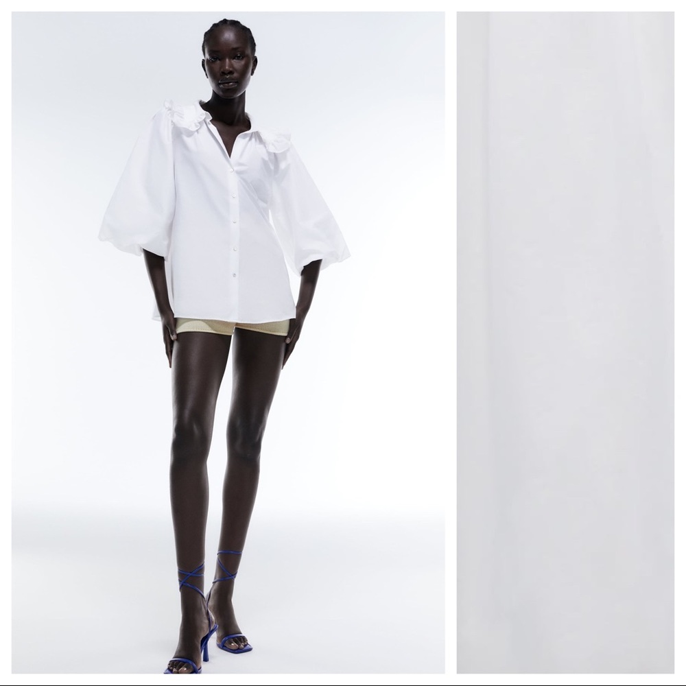 NWT. Zara White Poplin Ruffled Collar Blouse/Top. Size S.